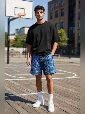 Asylum - Men's Blue Paisley bandana Athletic Shorts with Elastic Waist